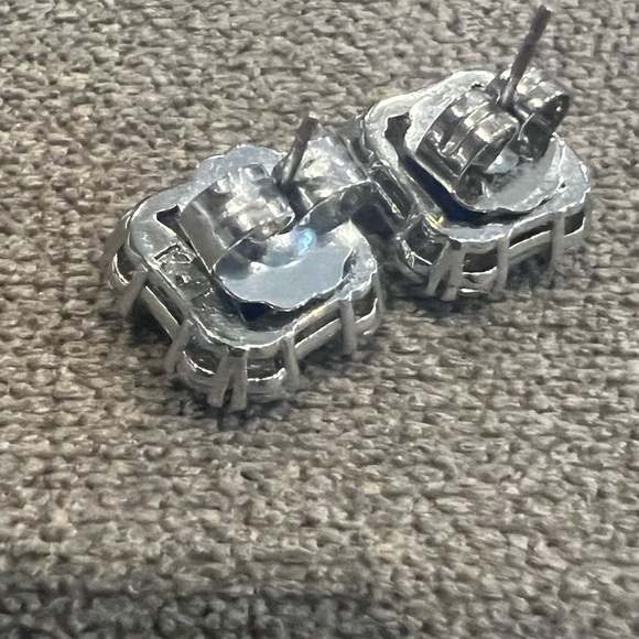 Square simulated, sapphire, and CZ diamond post earrings. - Picture 4 of 7
